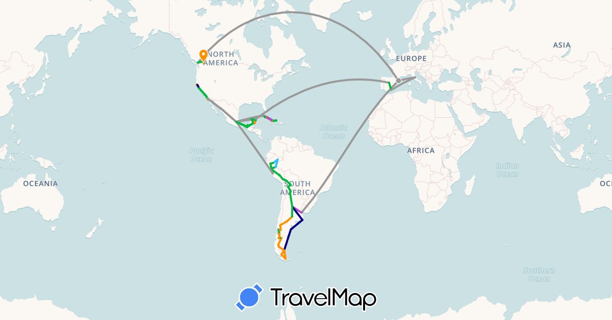 TravelMap itinerary: driving, bus, plane, train, hiking, boat, hitchhiking in Argentina, Bolivia, Canada, Chile, Cuba, Spain, Italy, Mexico, Peru, United States (Europe, North America, South America)